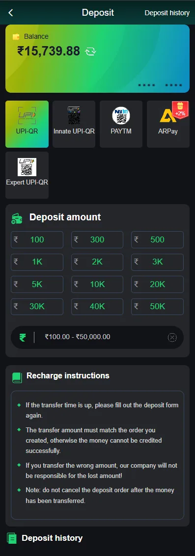 VeerGame deposit screen