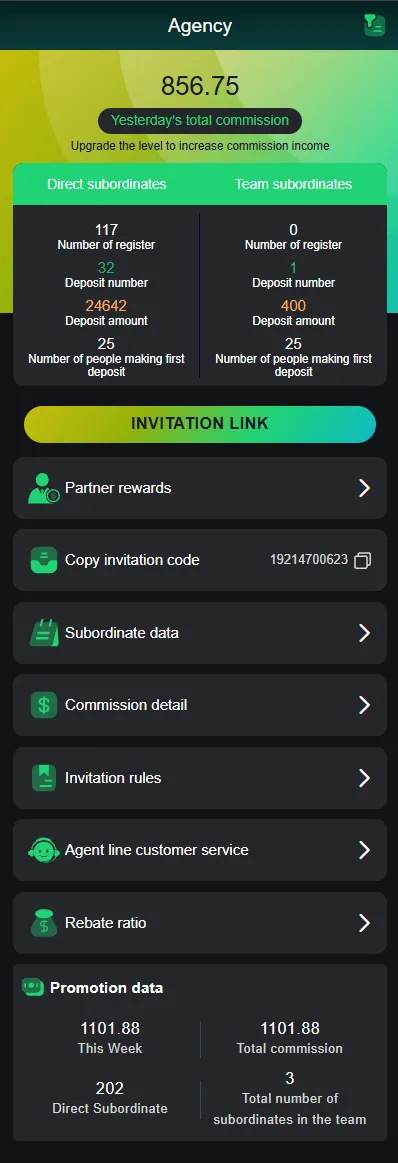 VeerGame Agency screen with invitation link and subordinate stats