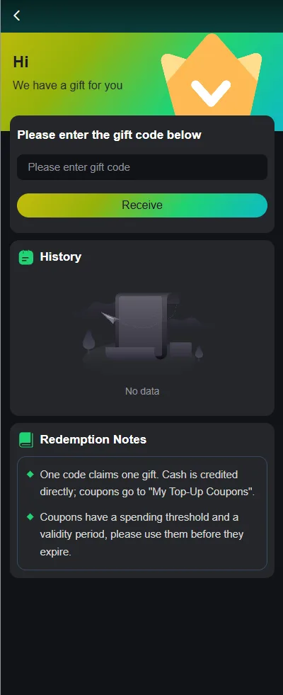 VeerGame gift code redemption screen