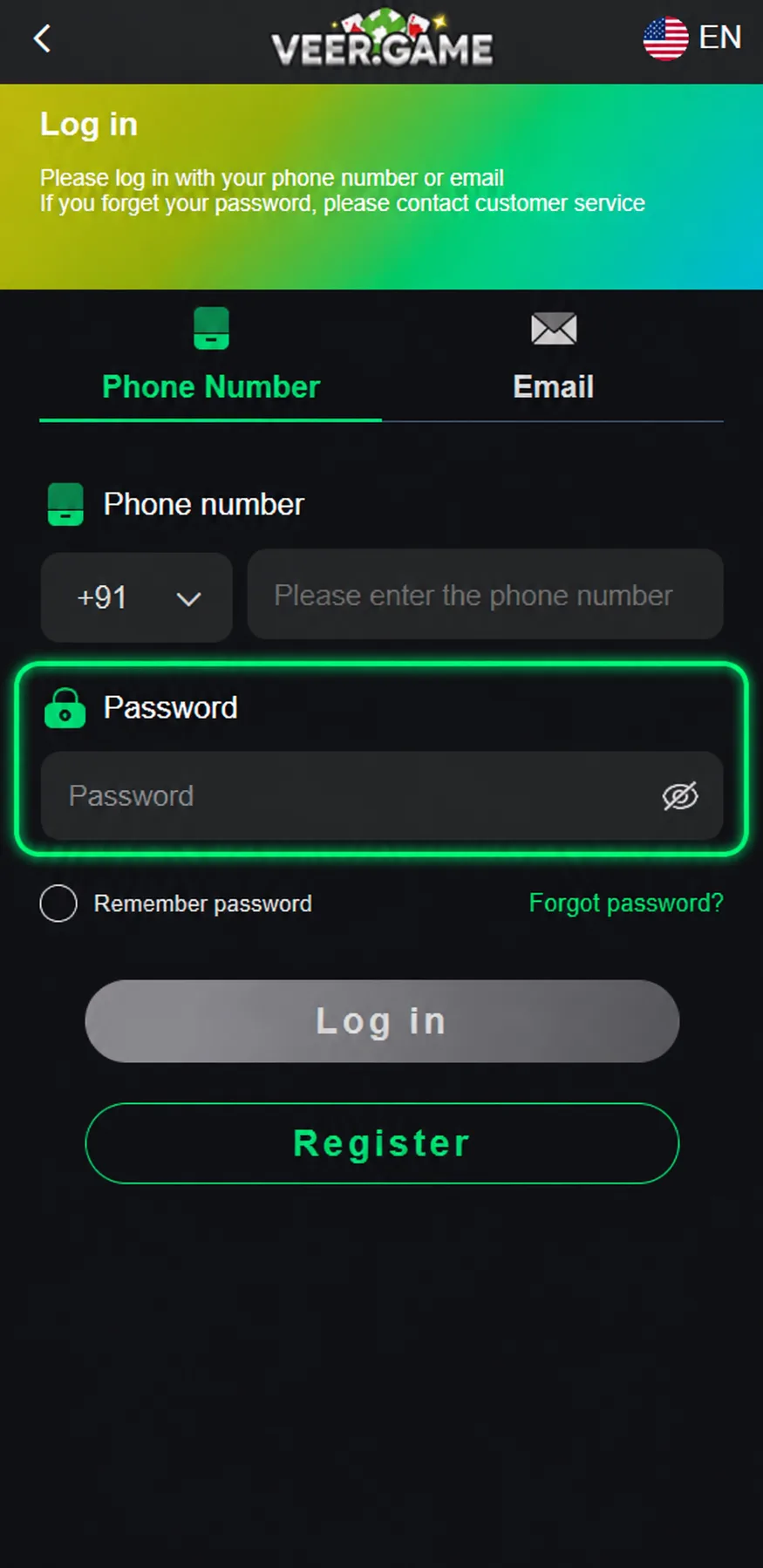 VeerGame login screen password field highlighted