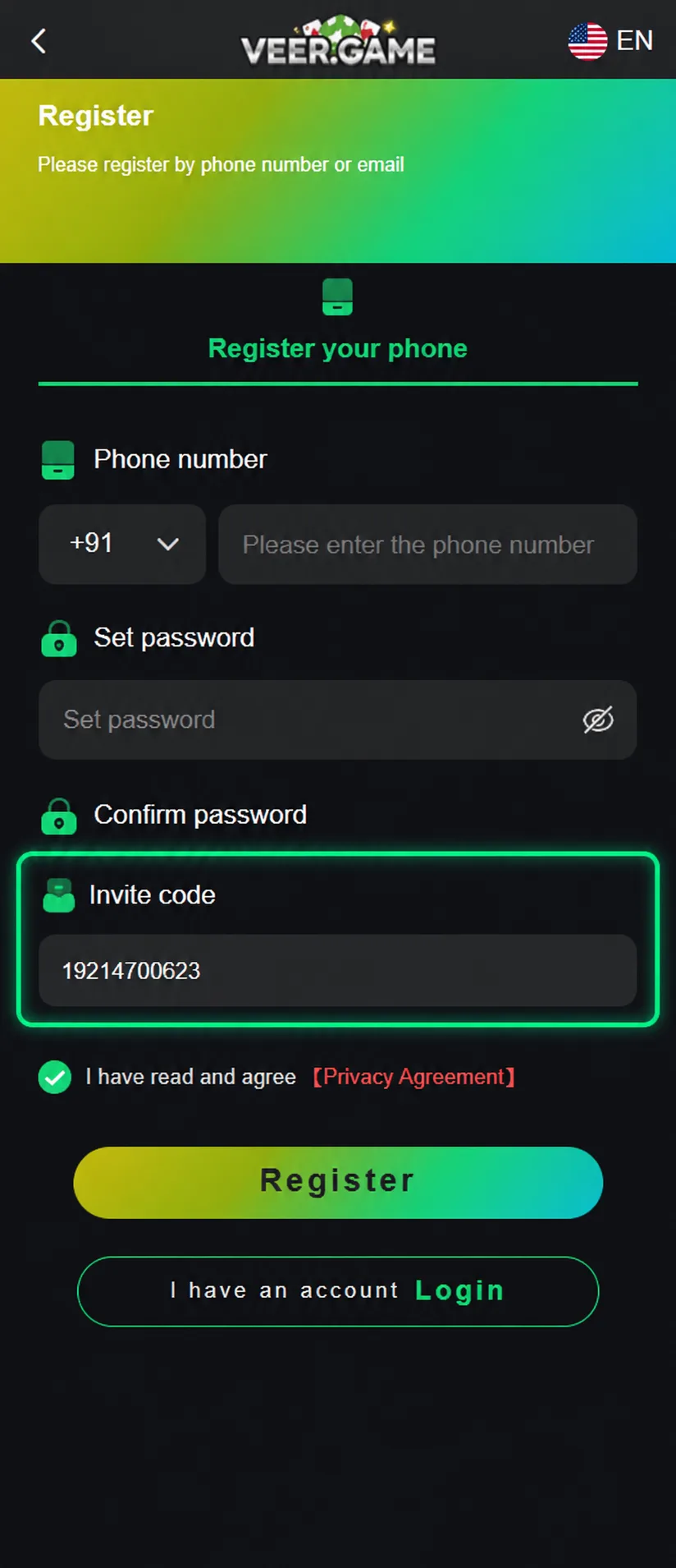 VeerGame registration invite code field highlighted