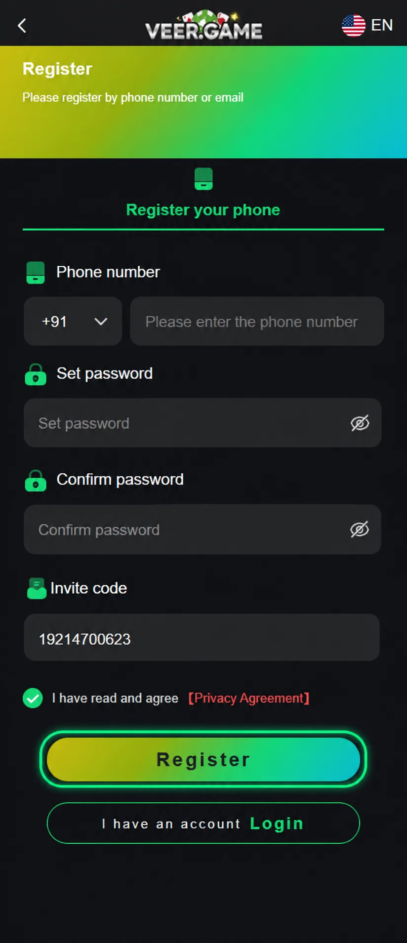 VeerGame register button highlighted