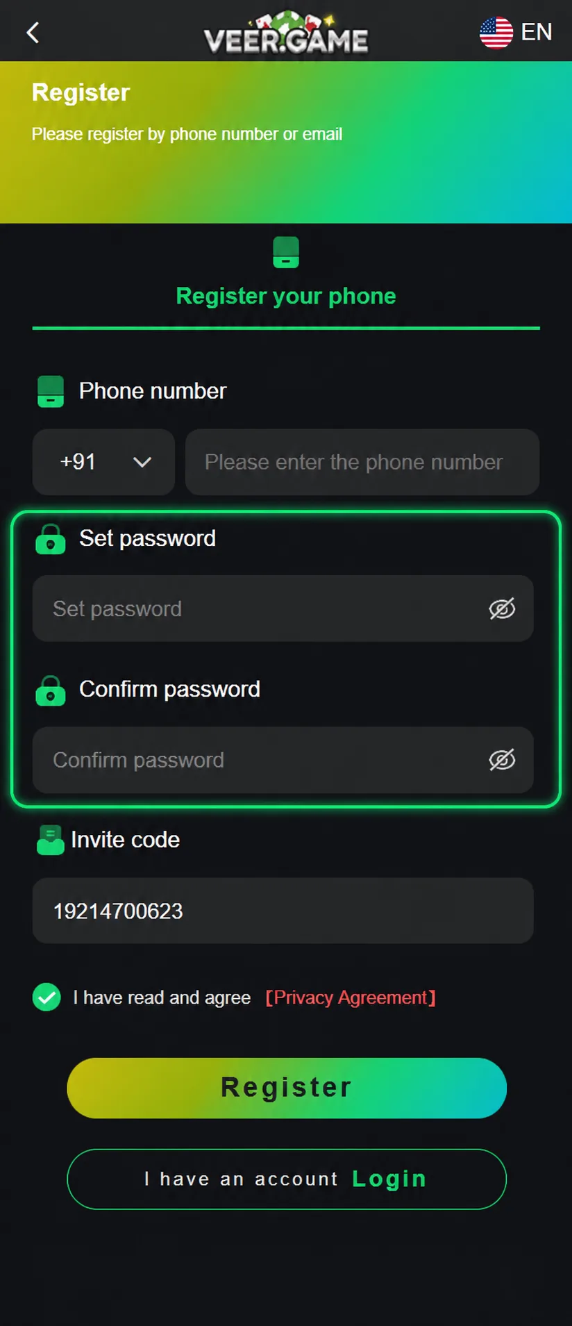 VeerGame registration password field highlighted