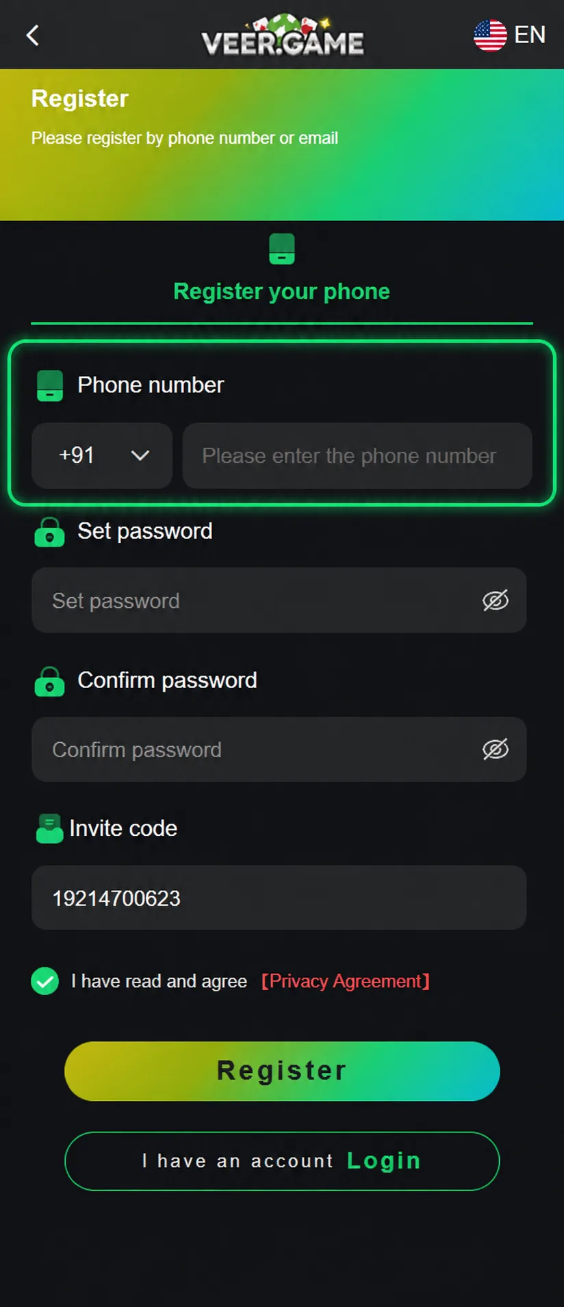 VeerGame registration phone number field highlighted
